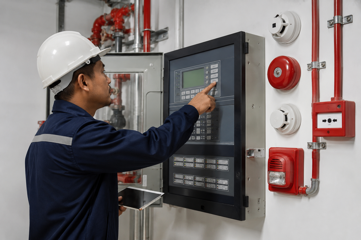 Technician testing a fire alarm control panel and smoke detectors during maintenance