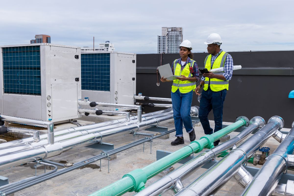 Workers checking on the status of the industrial chillers