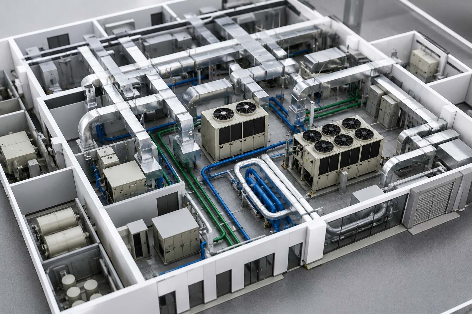 Industrial HVAC equipment layout showing chillers ducts and airflow planning