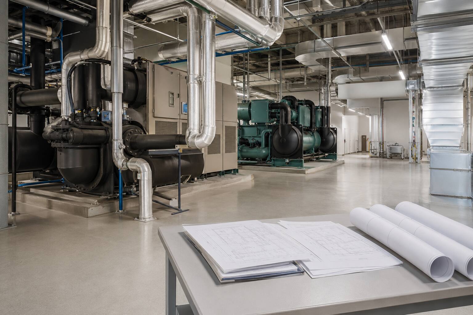 Industrial HVAC contractor selection concept with facility equipment and contract documents