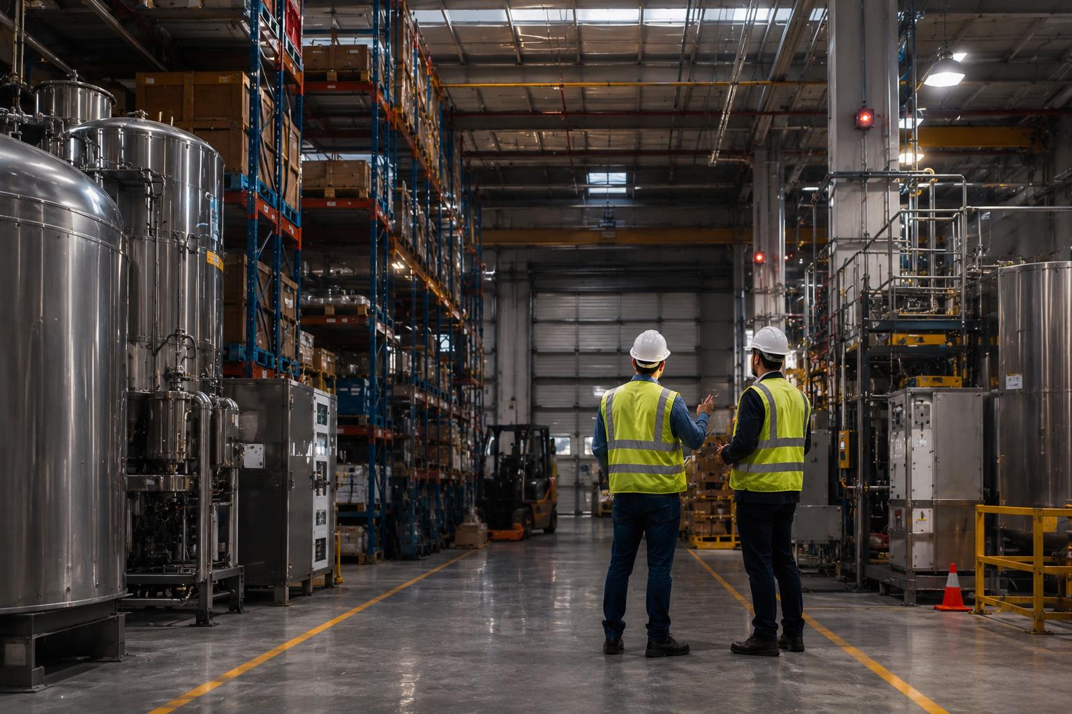 Industrial safety inspectors assessing fire detection coverage in a large warehouse with storage racks and processing equipment.