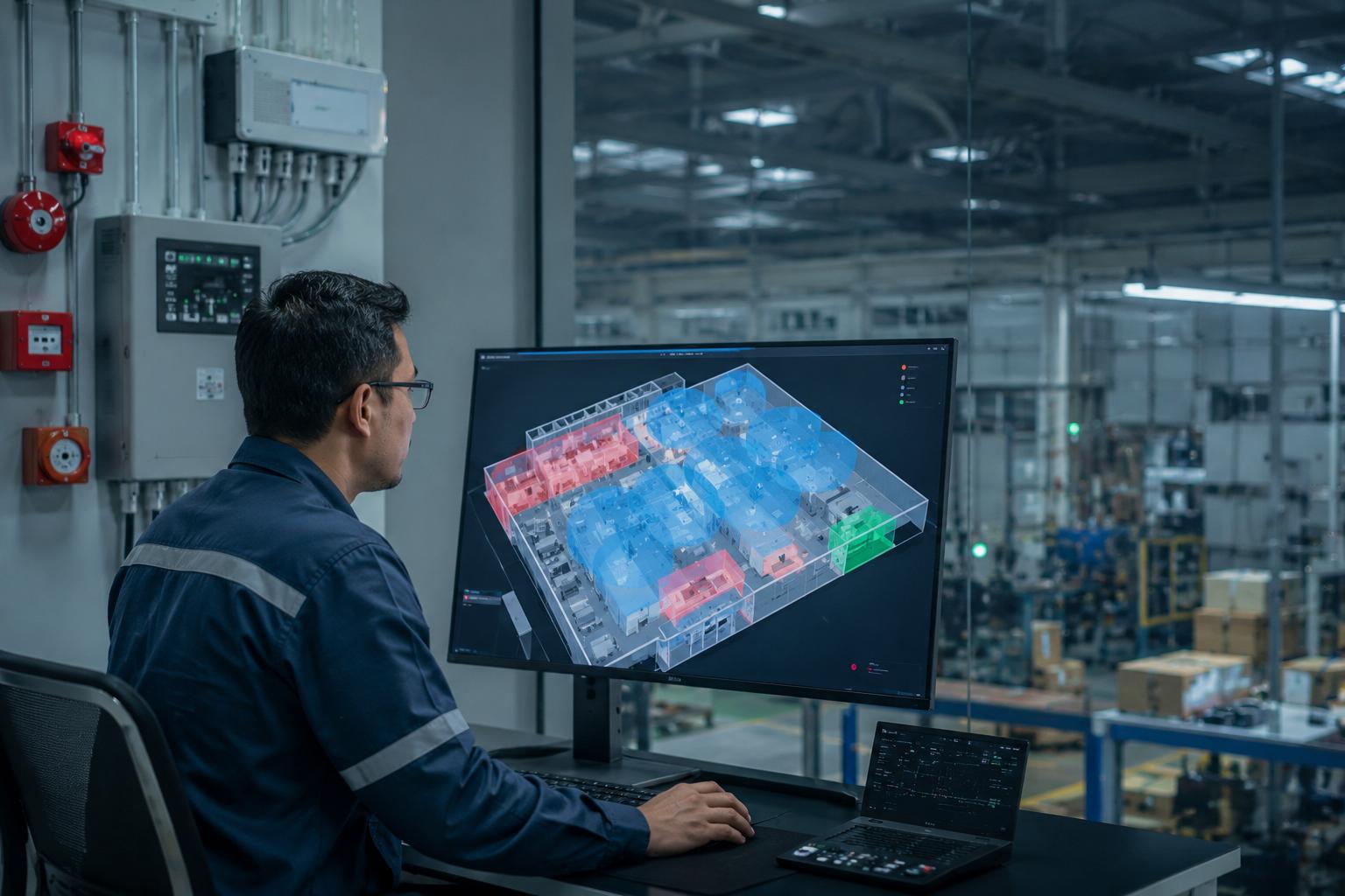 Facilities manager monitoring a digital fire detection coverage map and blind spot analysis system inside an industrial plant.