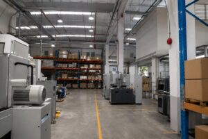 Large industrial warehouse with high ceilings, machinery, storage racks, and visible fire detection systems inside a modern facility.