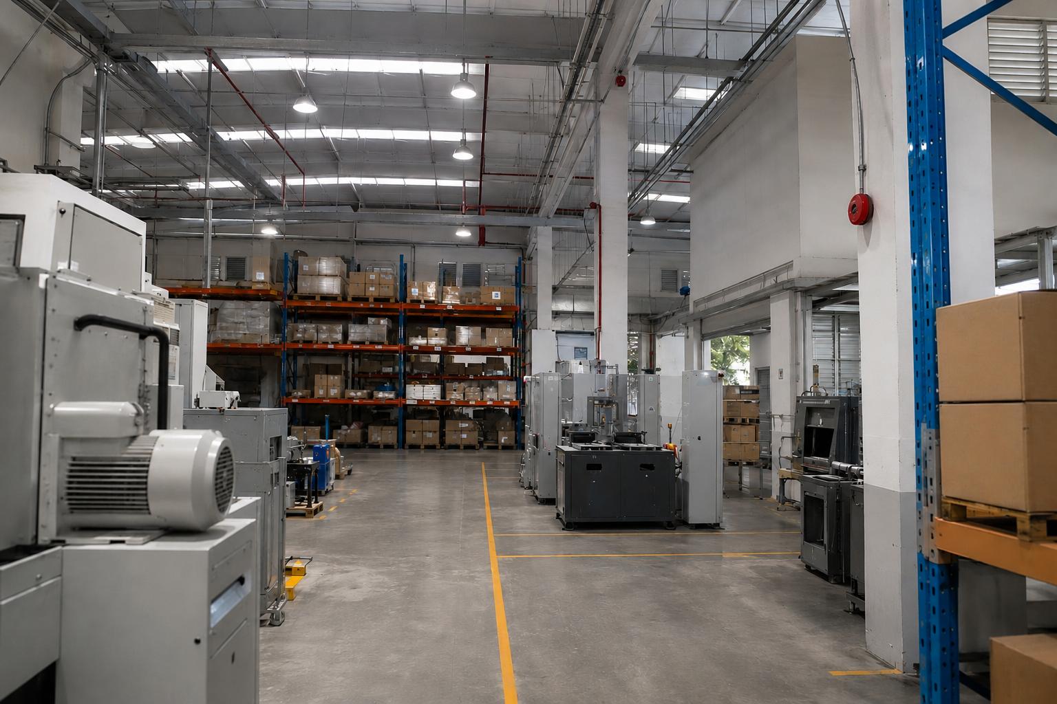 Large industrial warehouse with high ceilings, machinery, storage racks, and visible fire detection systems inside a modern facility.