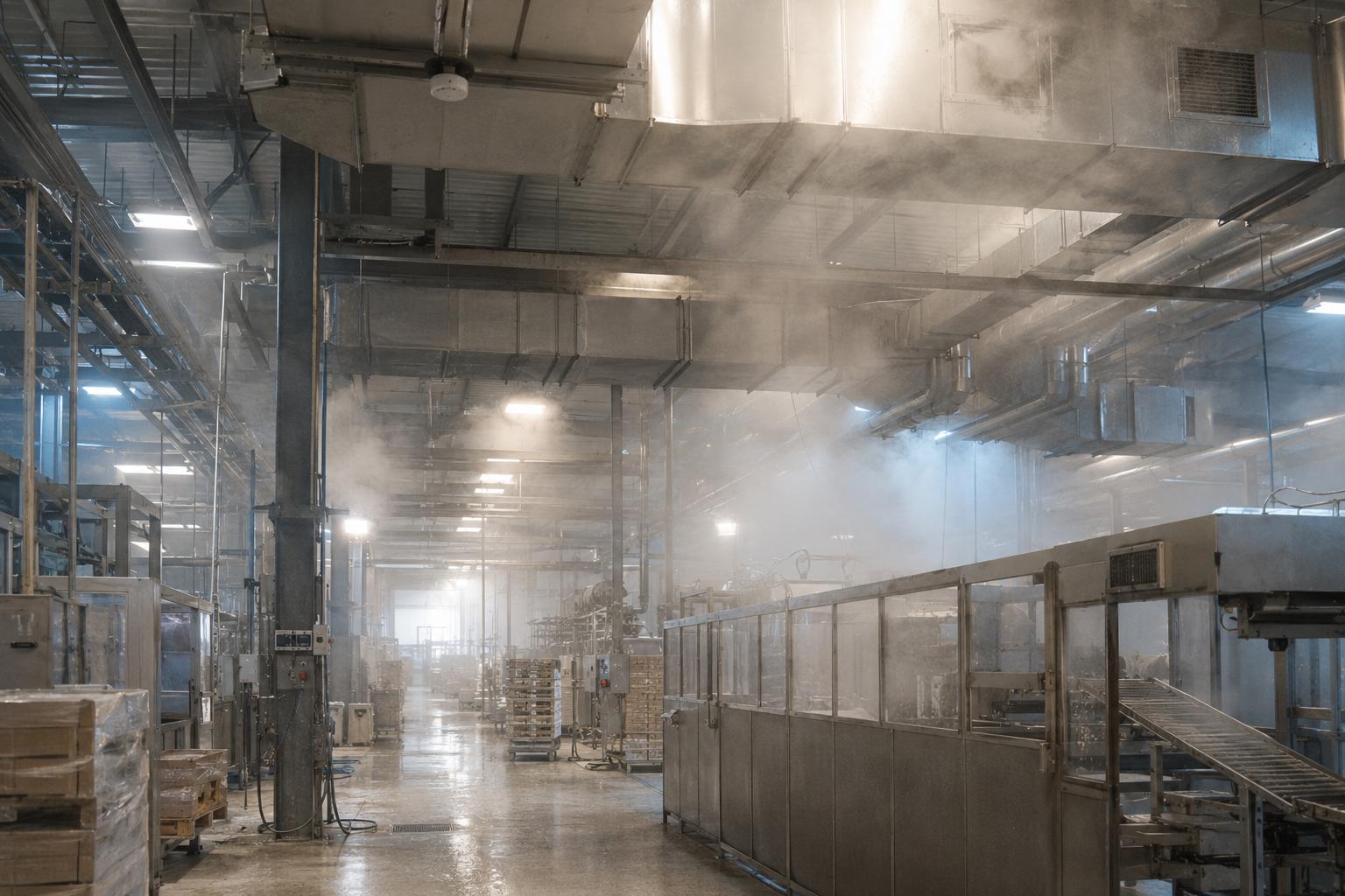 Industrial production area filled with steam, dust particles, overhead ducting, steel beams, and partitions, smoke detectors installed in obstructed or ineffective positions, realistic factory atmosphere, challenging environmental conditions affecting fire detection, cinematic lighting, highly detailed industrial textures and equipment, no people, no text, no labels