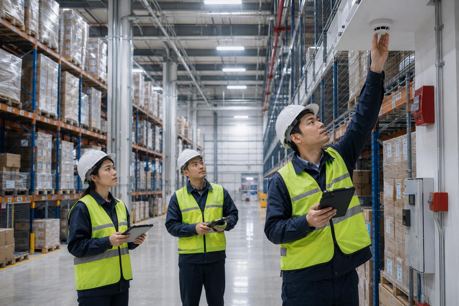 fire protection audit team inspecting smoke detection systems inside a modern automated warehouse with tall storage aisles, tablets, and industrial safety equipment.
