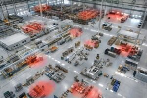 Aerial interior view of a large industrial warehouse and production facility with storage racks, machinery, conveyor systems, and highlighted fire detection risk zones across multiple operational areas.