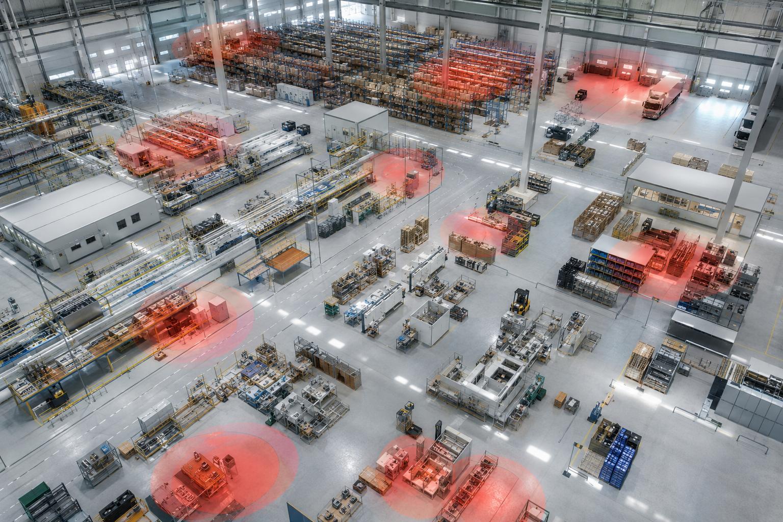 Aerial interior view of a large industrial warehouse and production facility with storage racks, machinery, conveyor systems, and highlighted fire detection risk zones across multiple operational areas.