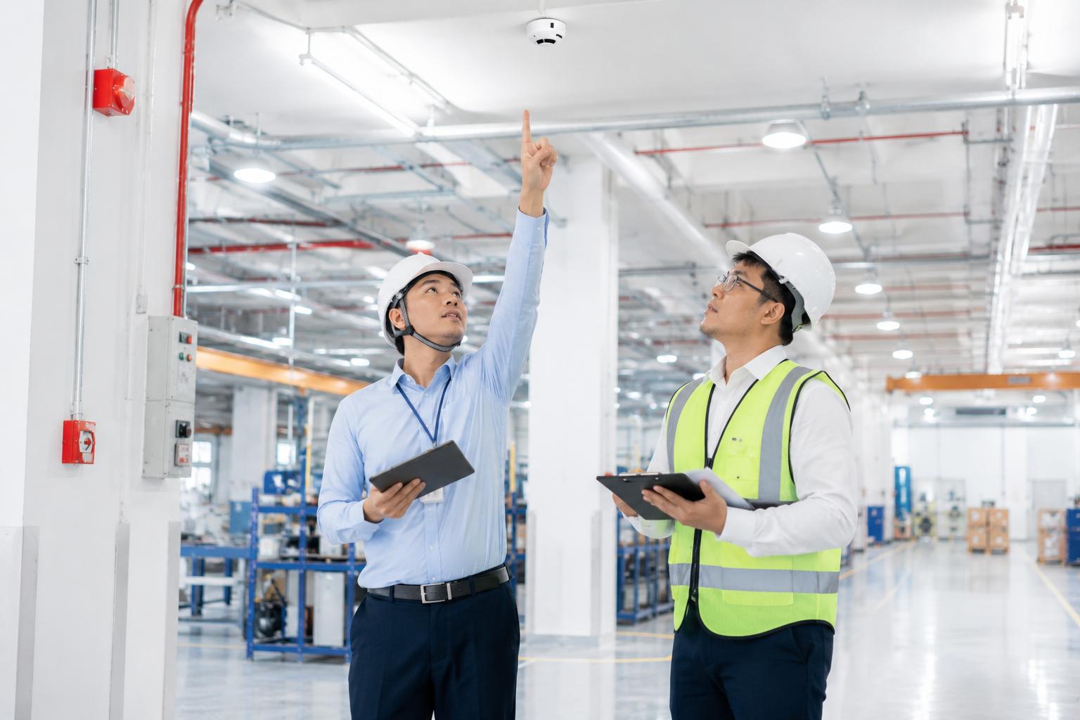 Fire safety inspector and facility manager checking ceiling-mounted smoke detectors during a compliance inspection in an industrial building.