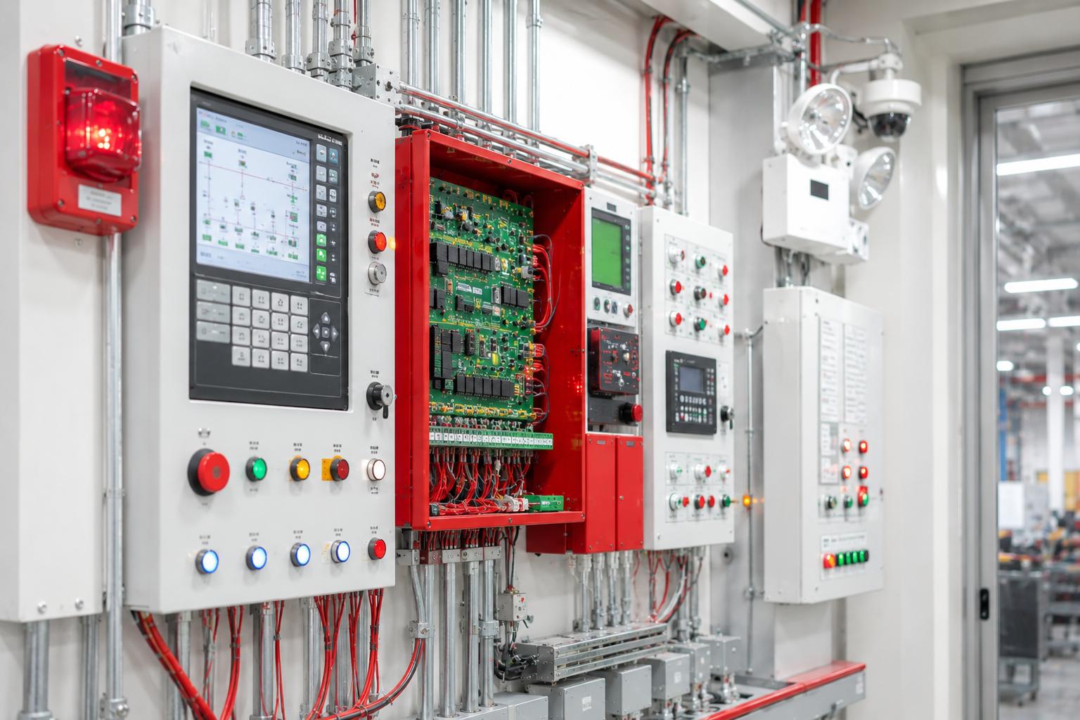 Integrated fire alarm control panels and emergency monitoring systems installed inside a modern industrial fire protection setup.
