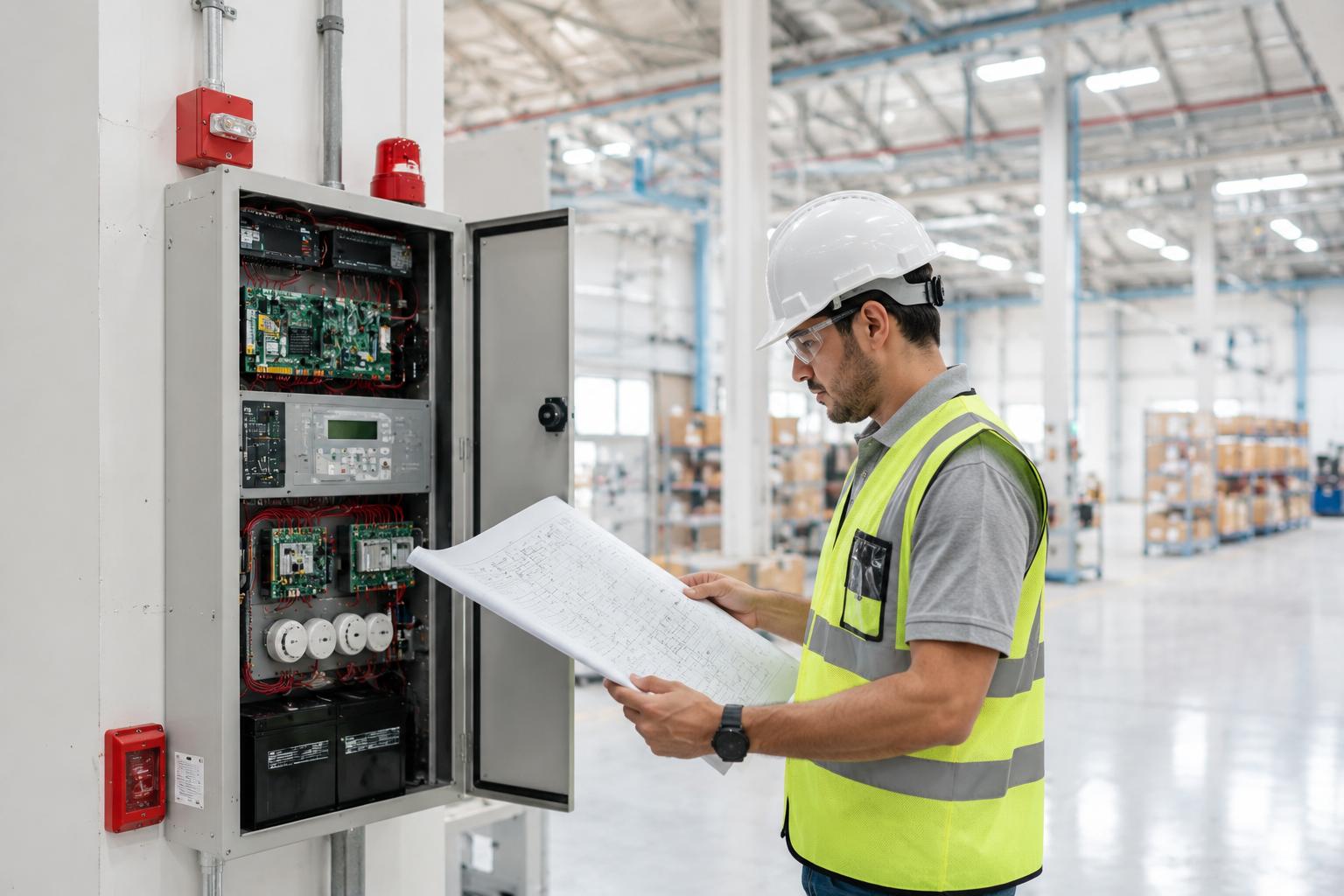 Fire alarm technician reviewing installation blueprints beside an open fire alarm control panel inside a large industrial facility.