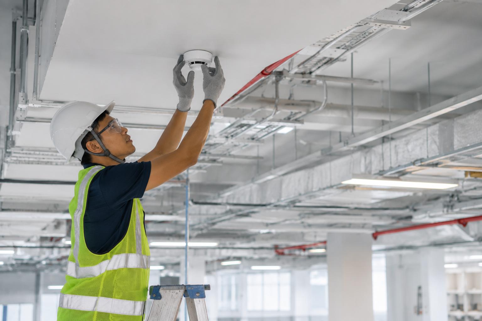 Fire safety technician installing a ceiling-mounted smoke detector inside a bright commercial industrial facility with exposed ducting, conduits, and modern building infrastructure.