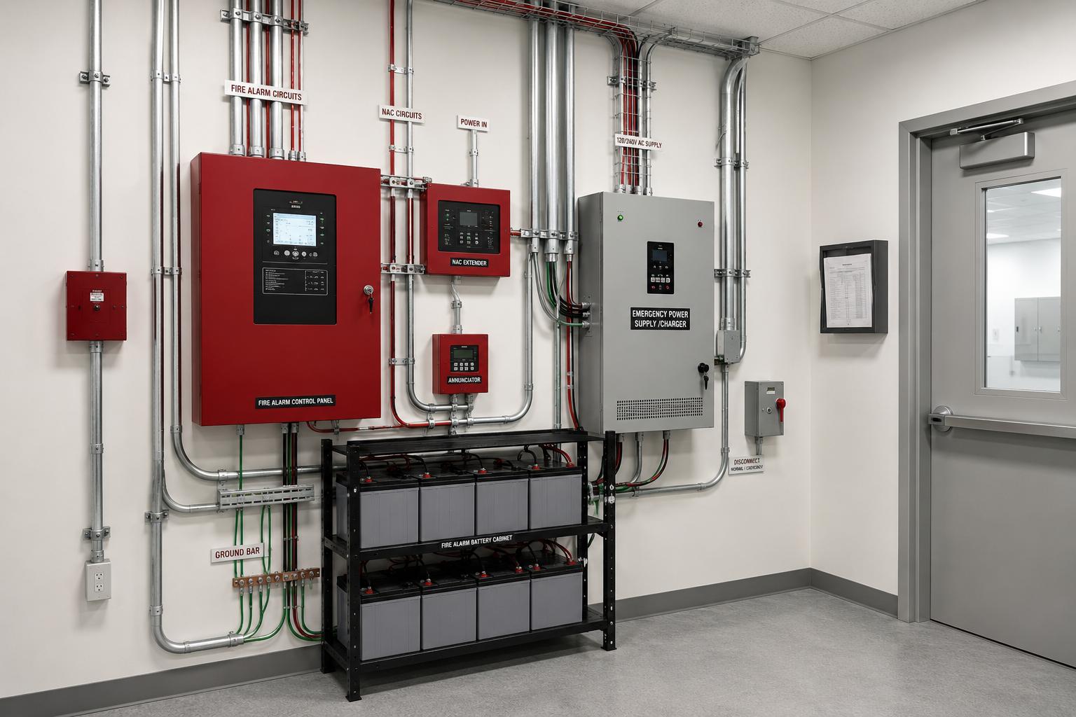 Industrial fire alarm electrical room with backup battery systems, emergency power supply units, organized conduits, and fire alarm control equipment mounted on clean white walls.