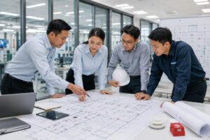 Engineers and facility managers reviewing large fire protection floor plans during a planning meeting inside a modern industrial office conference room with laptops, technical drawings, and fire safety devices on the table.