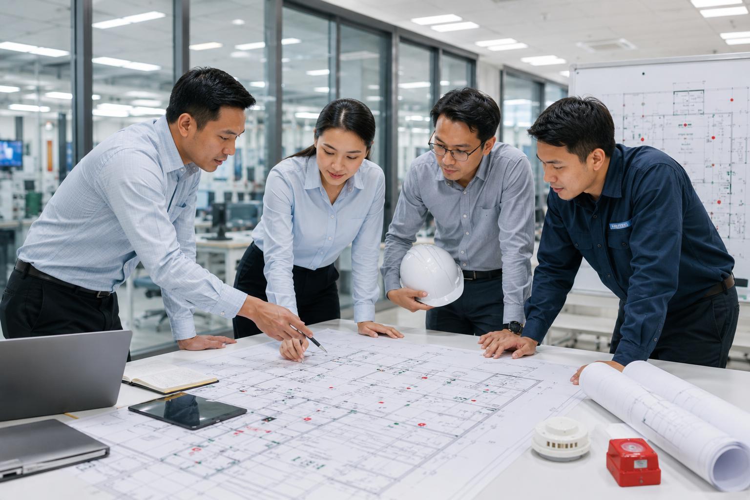 Engineers and facility managers reviewing large fire protection floor plans during a planning meeting inside a modern industrial office conference room with laptops, technical drawings, and fire safety devices on the table.
