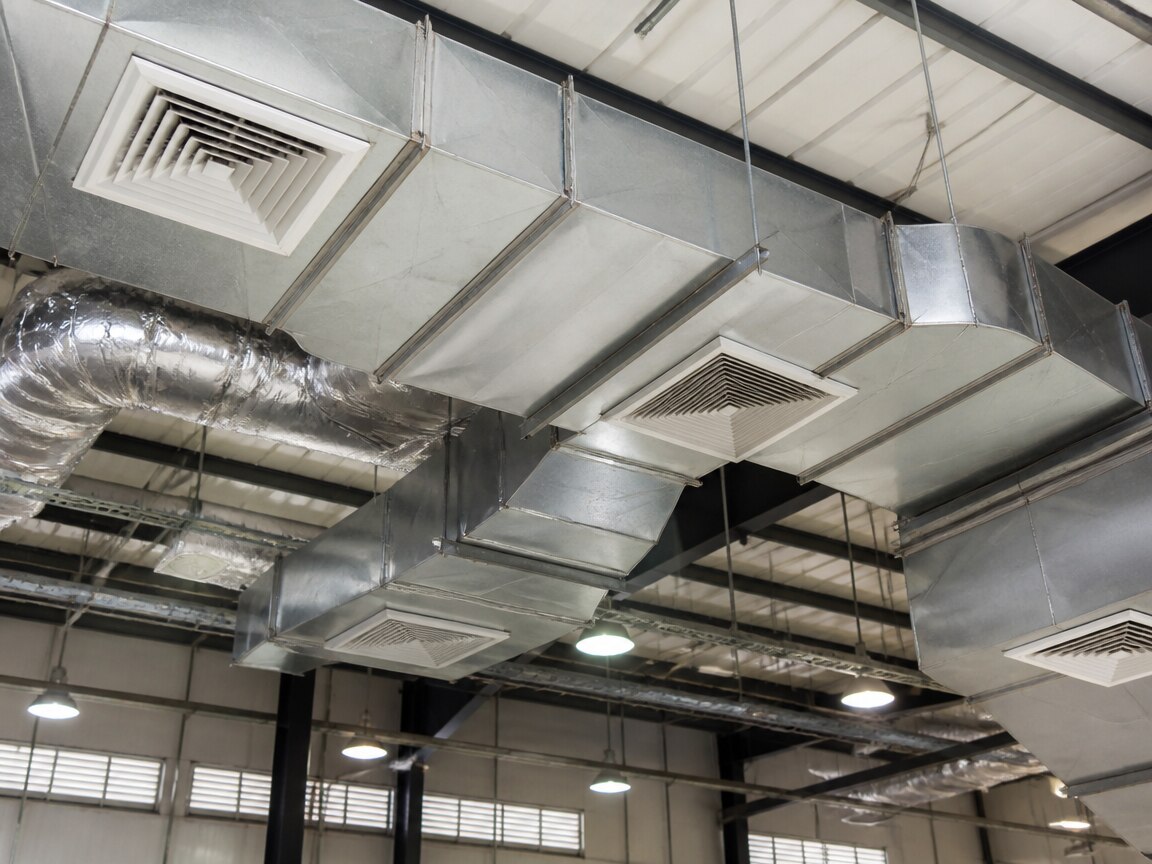Industrial ductwork and air vents showing airflow distribution in a large facility