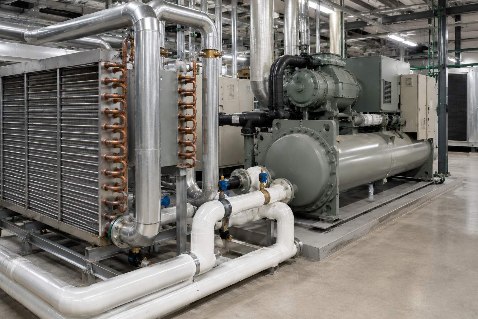Industrial chiller and cooling coil system inside a mechanical room