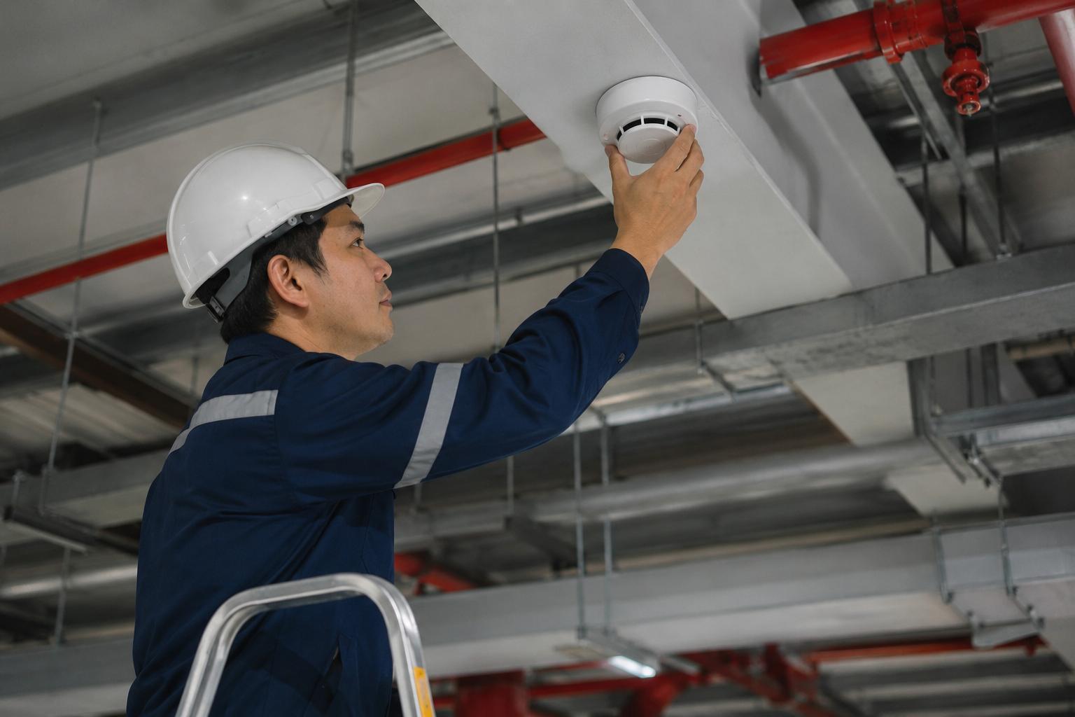 Technician checking a ceiling-mounted smoke sensor in an industrial facility