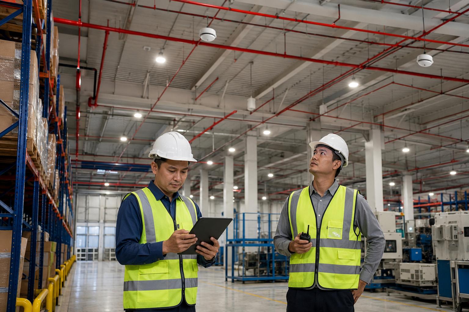 Two facility workers inspecting HVAC and fire suppression systems in a large warehouse