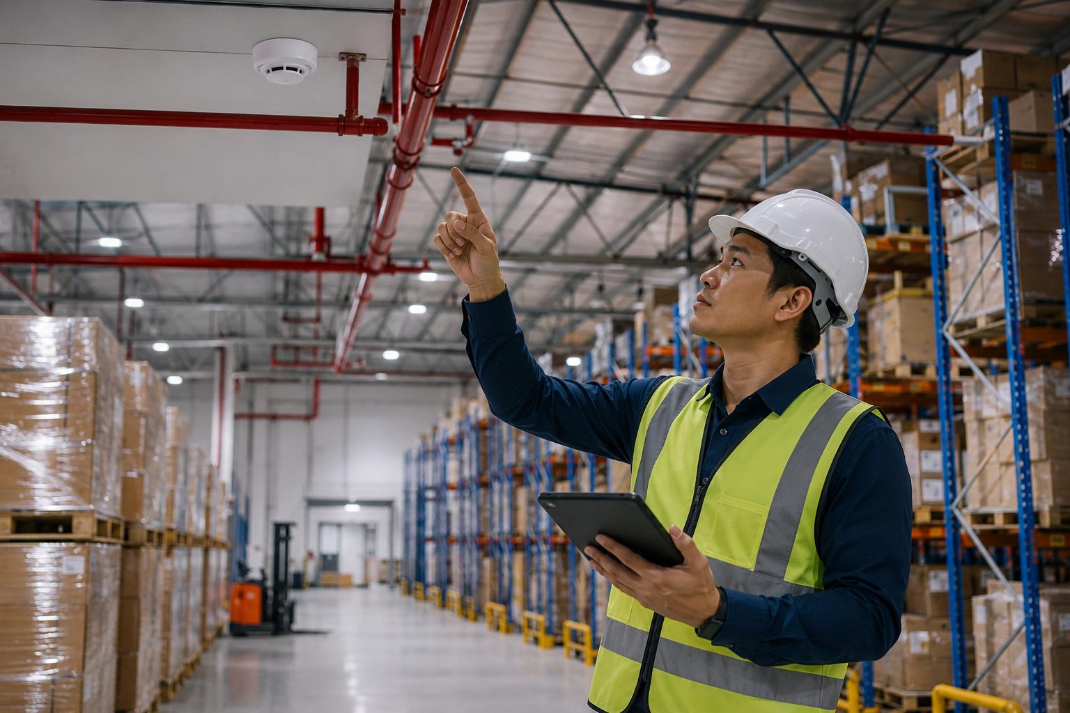 Facility manager inspecting overhead HVAC and piping systems inside a warehouse