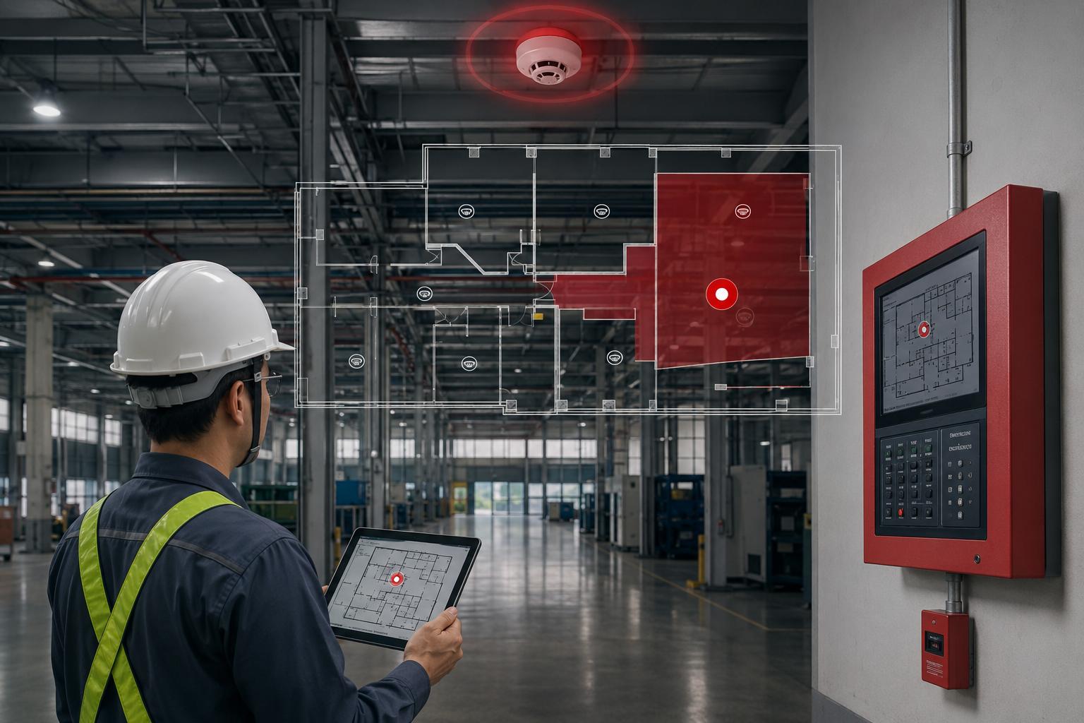 Modern fire detection system identifying the exact alarm location inside a large facility