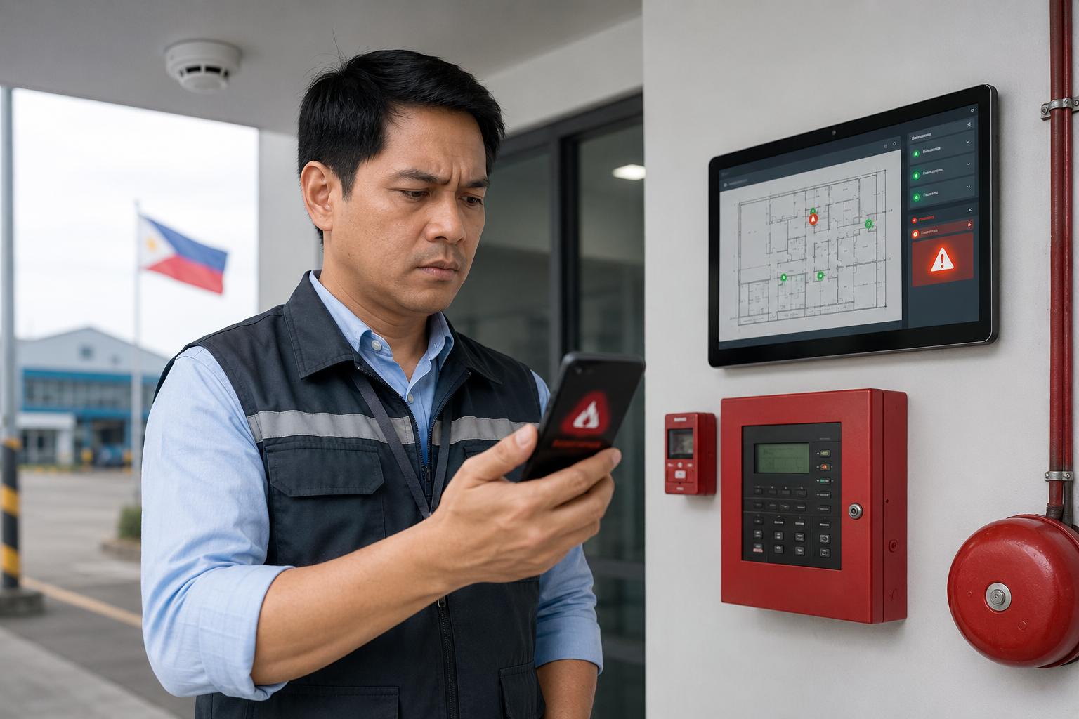 Facility manager receiving a mobile alert from an IoT-connected fire detection system