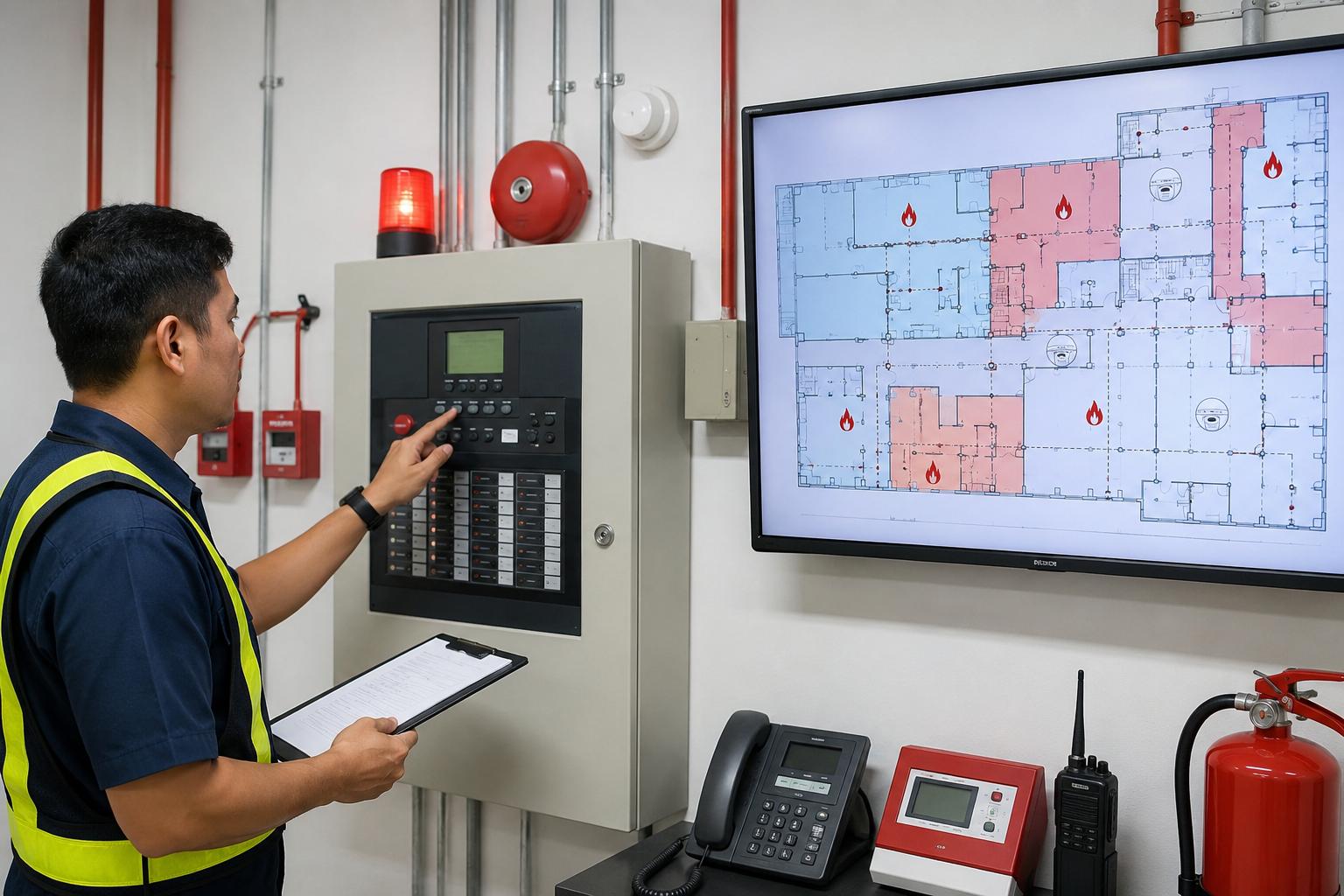 Facility safety officer monitoring a modern fire detection system control panel in a commercial building