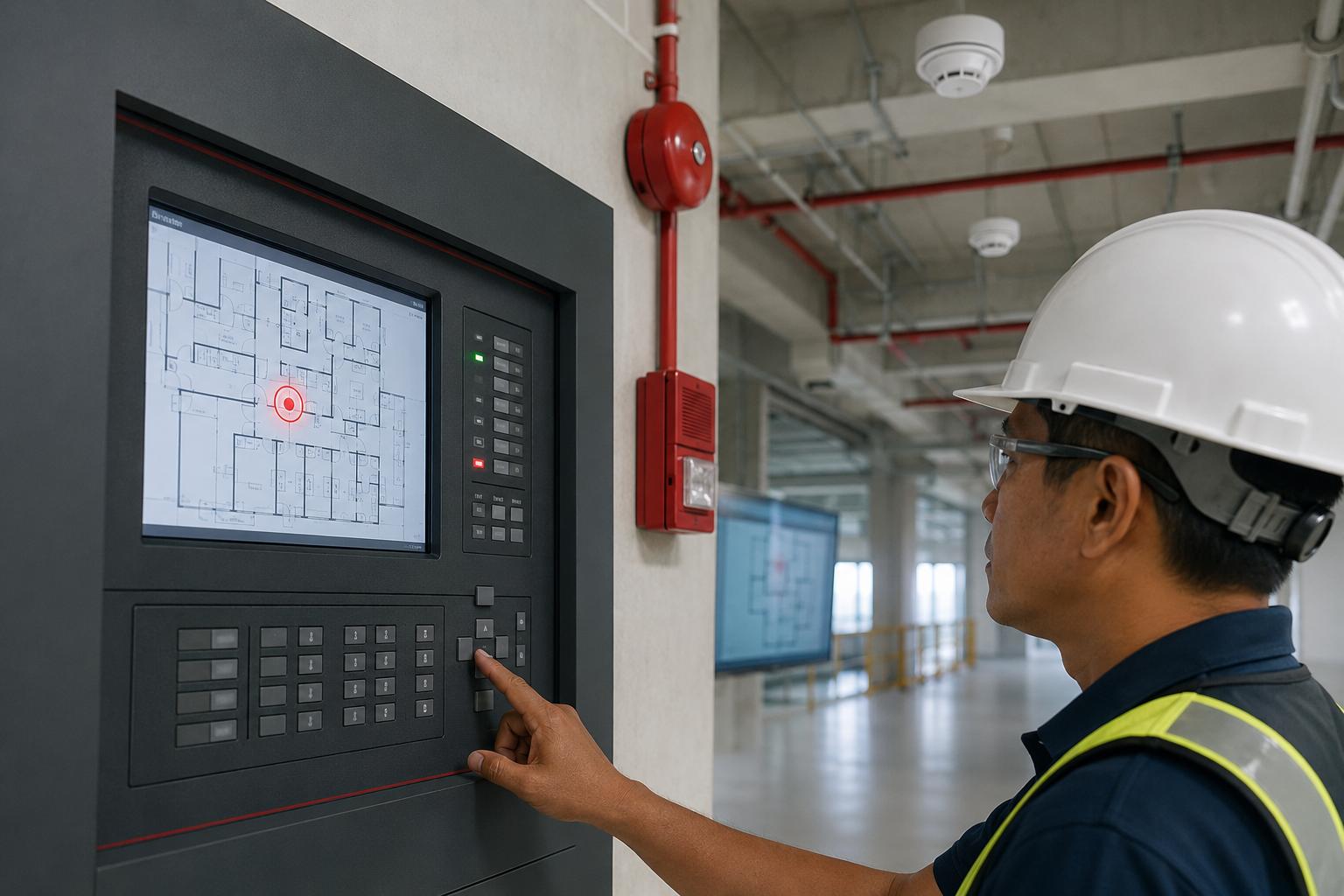 Addressable fire alarm control panel showing the exact detector location inside a facility