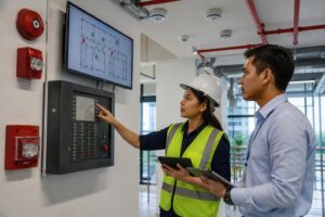 Facility manager and safety engineer inspecting a modern fire alarm system in a commercial building