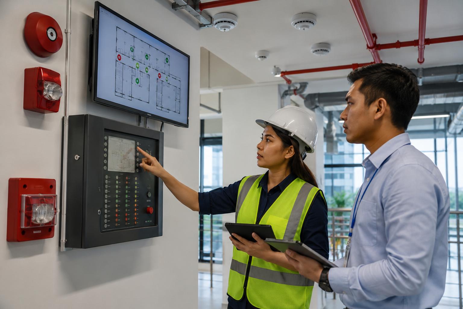 Facility manager and safety engineer inspecting a modern fire alarm system in a commercial building