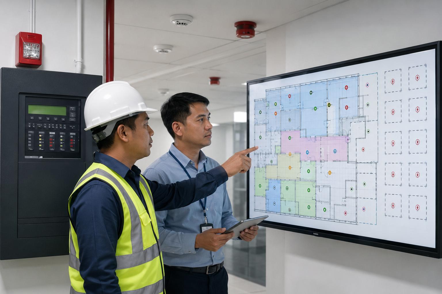 Facility team reviewing scalable fire alarm system zones for a commercial building