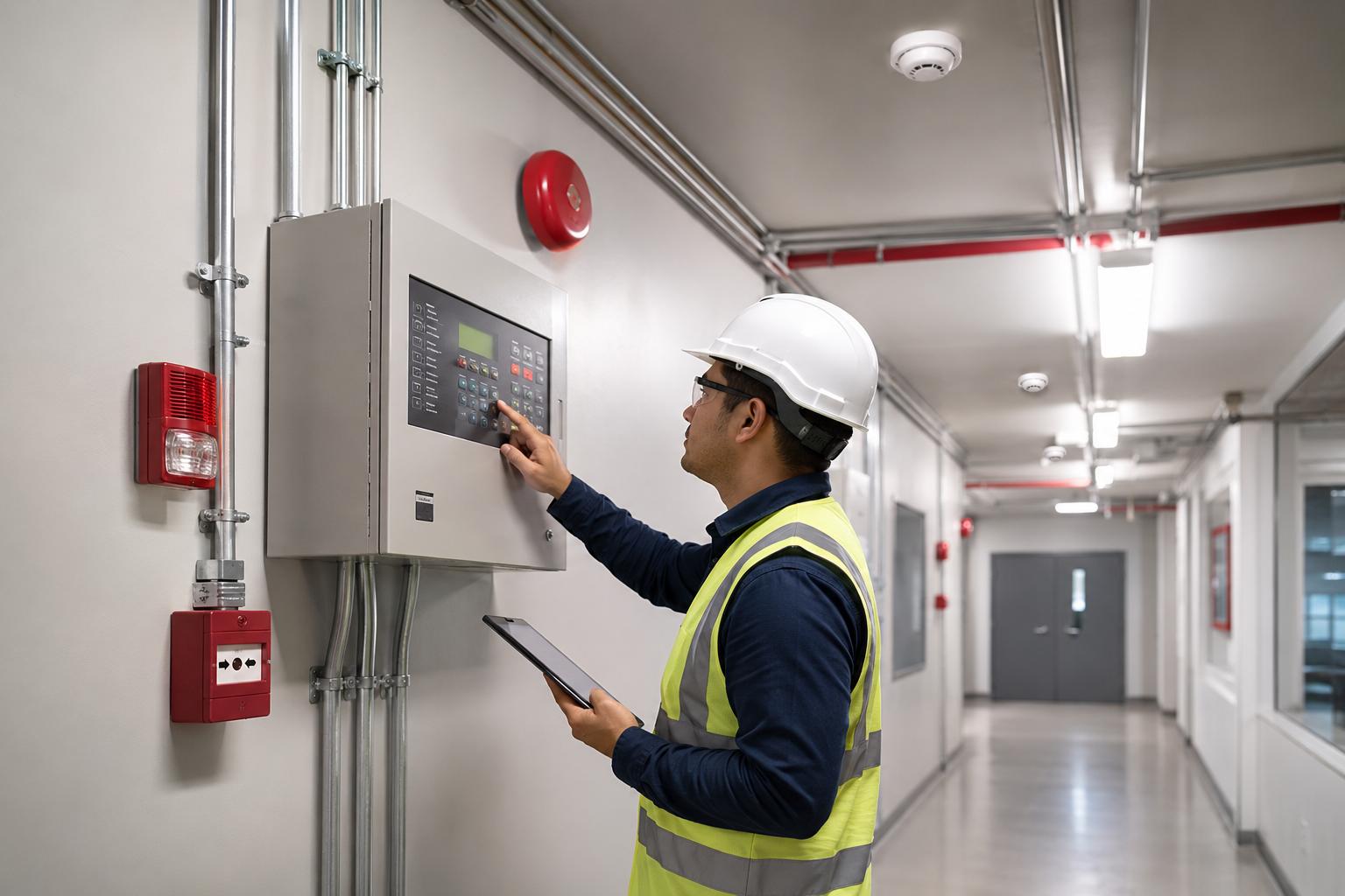 Technician inspecting a fire alarm control panel for maintenance and long-term reliability
