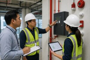 Procurement and safety team reviewing a fire alarm system before purchase in an industrial facility