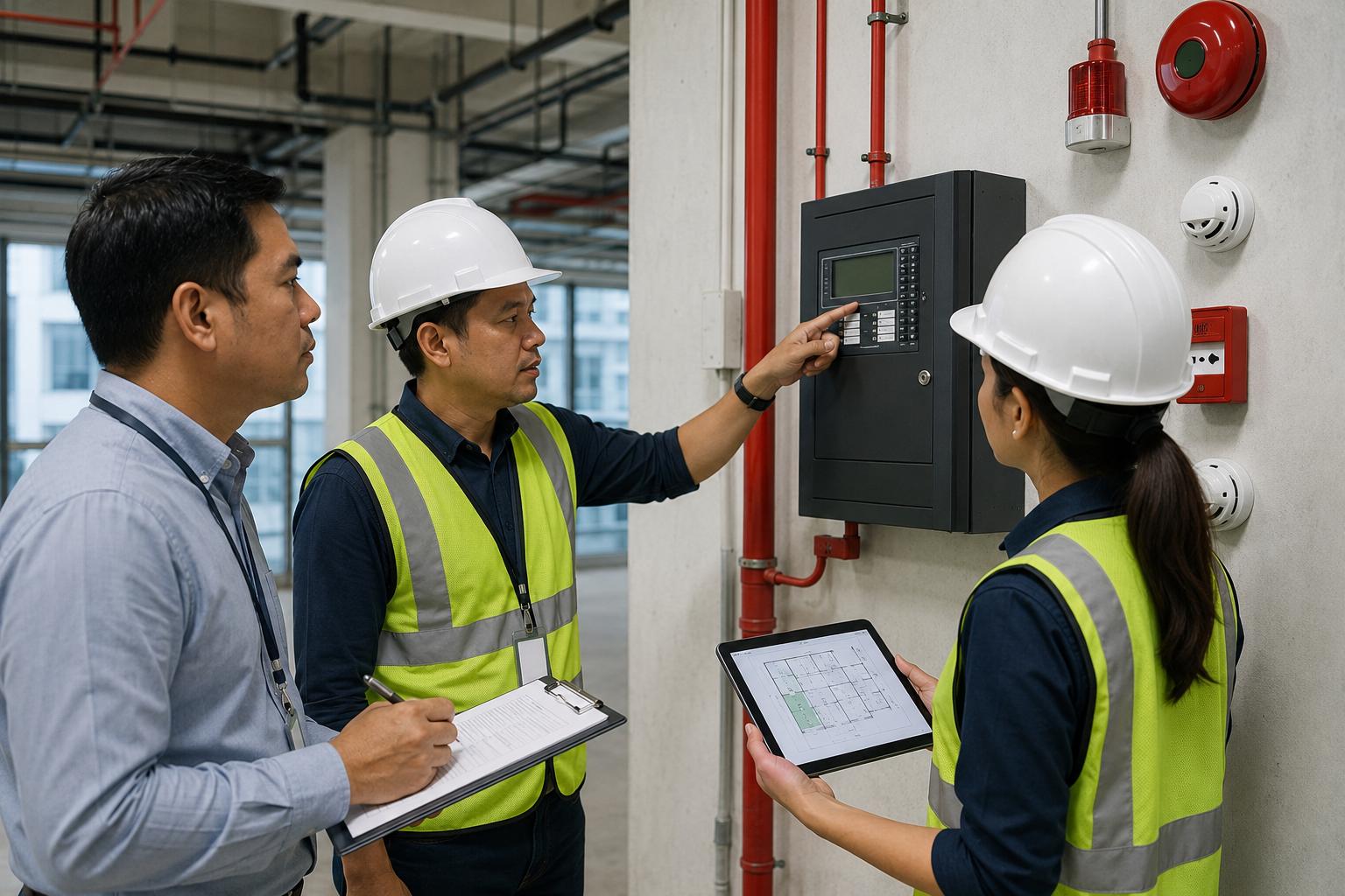 Procurement and safety team reviewing a fire alarm system before purchase in an industrial facility