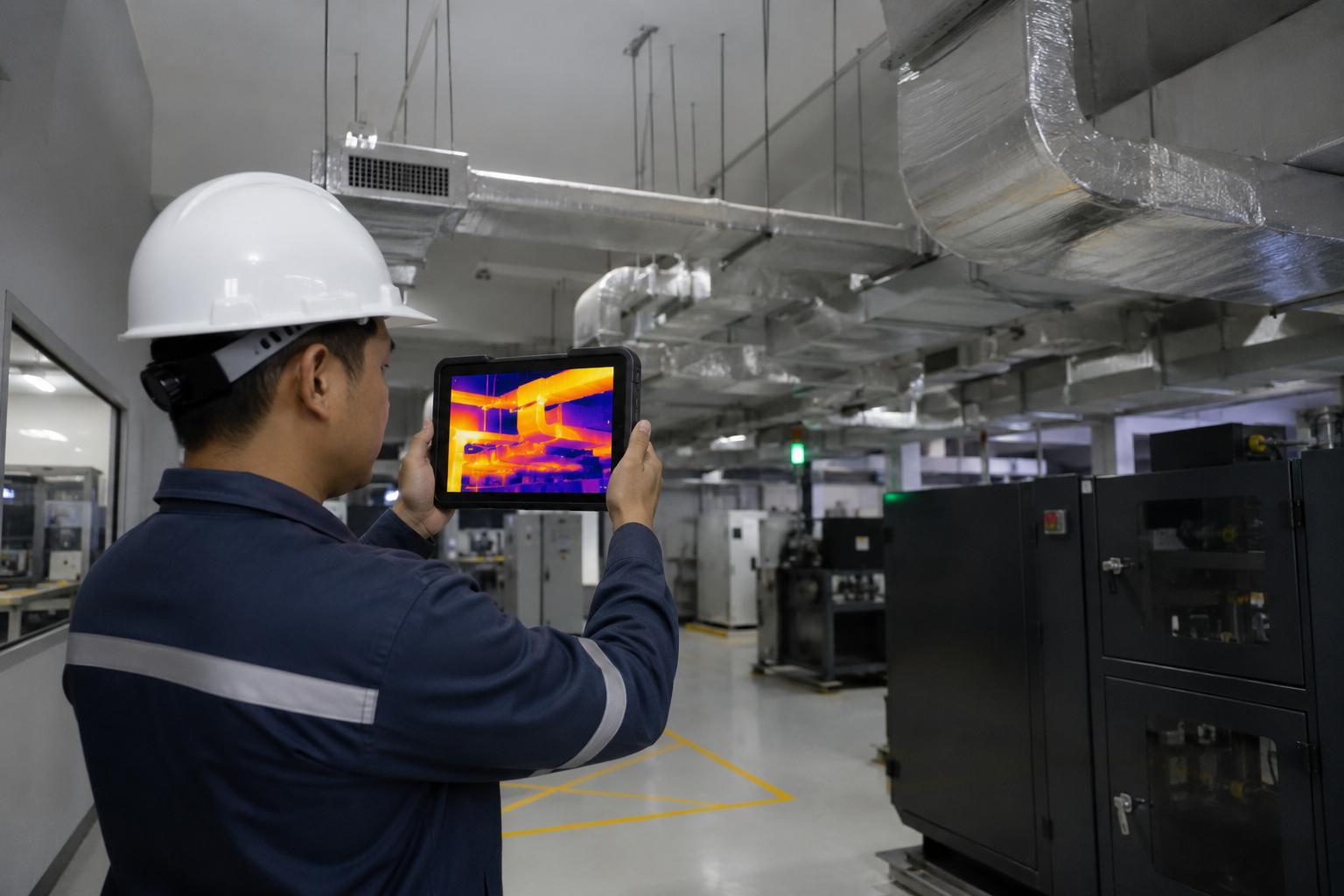 HVAC engineer using thermal imaging to identify cooling inefficiencies in a large facility