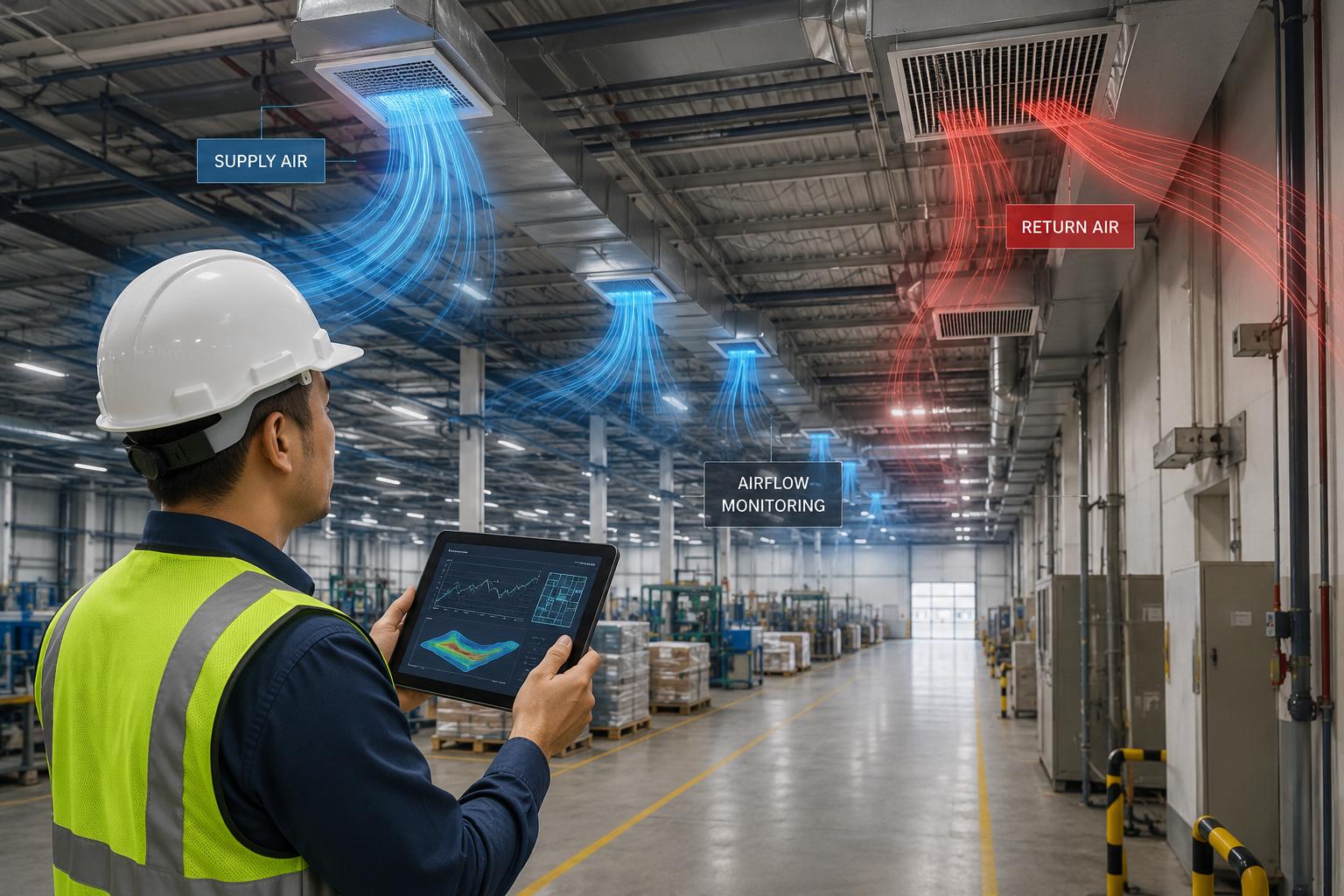 Facility engineer inspecting airflow and containment to improve cooling efficiency in a large building