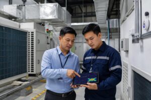 Facility manager and HVAC engineer conducting a cooling efficiency audit in a large industrial facility