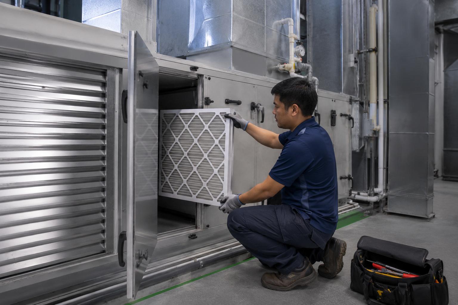 HVAC technician inspecting a commercial air filter to help improve indoor air quality