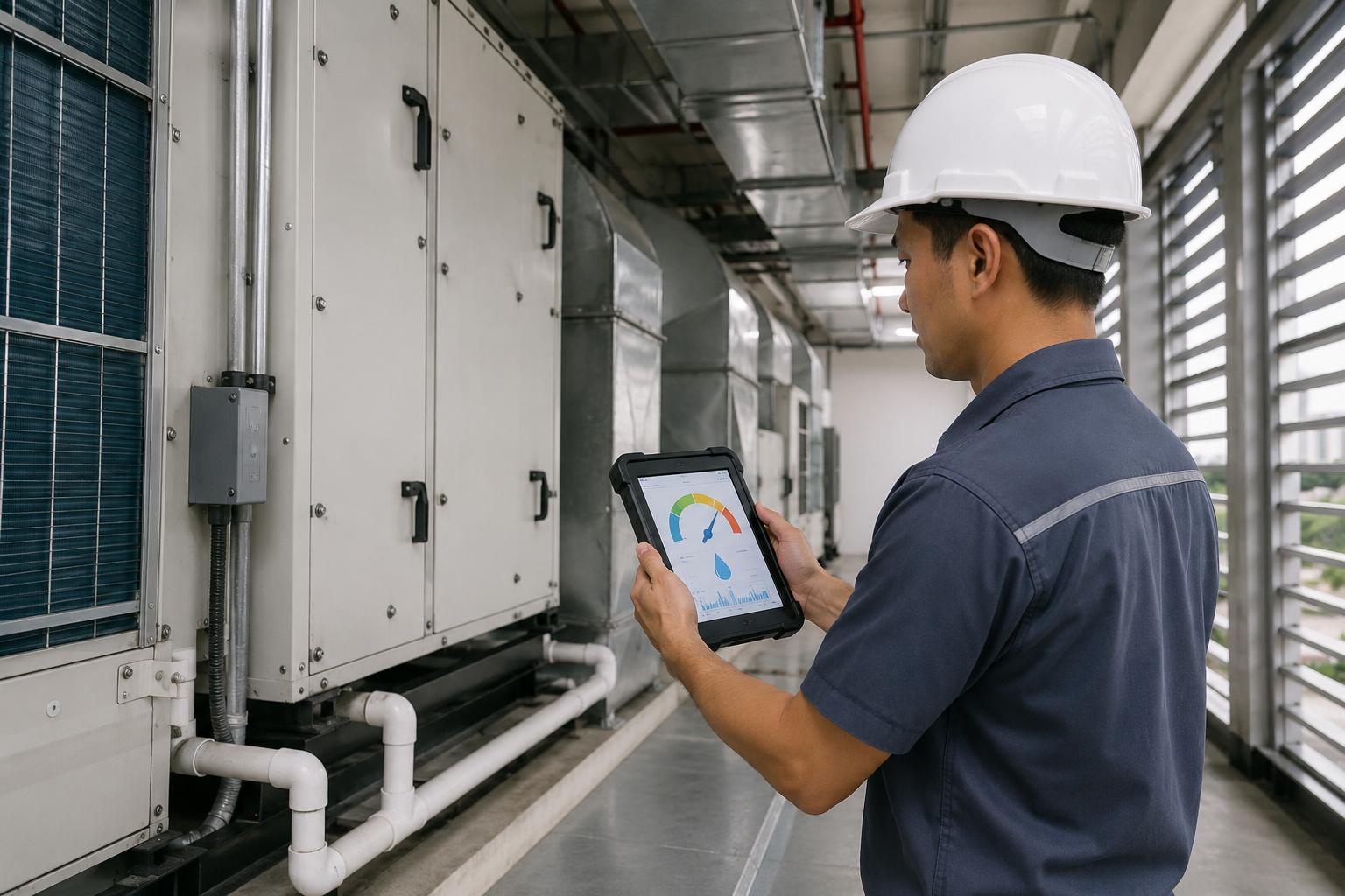 Facility engineer monitoring humidity levels near HVAC equipment to support better indoor air quality