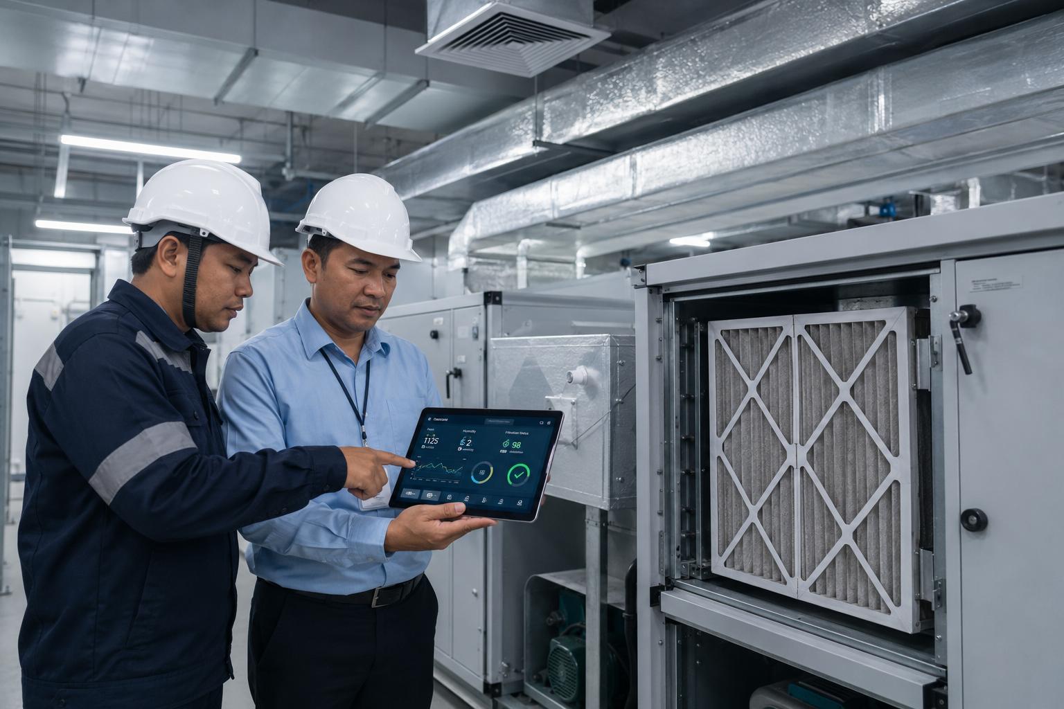 HVAC engineer and facility manager inspecting an air handling unit to improve indoor air quality