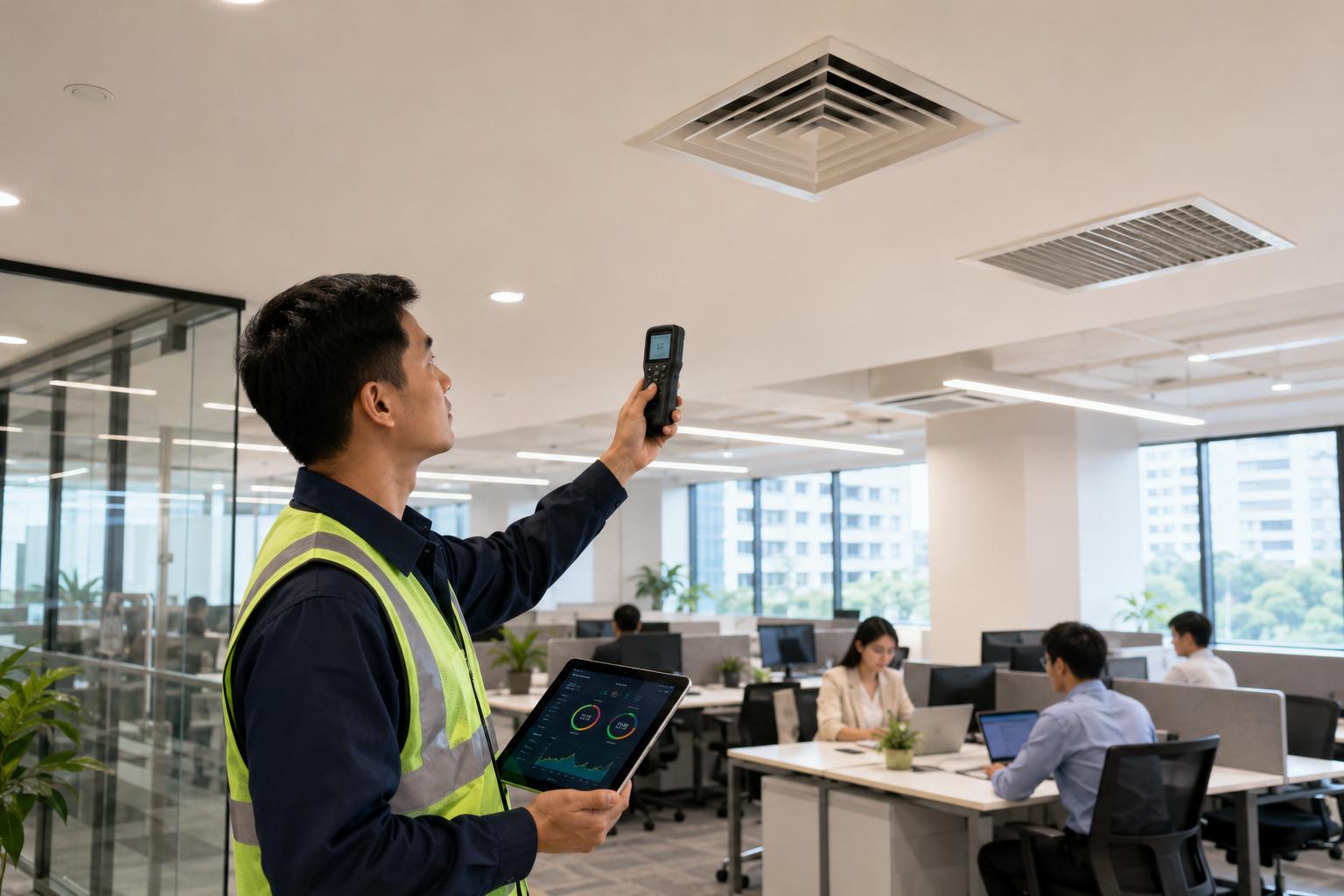 HVAC engineer checking ventilation and indoor air quality in a modern commercial workspace