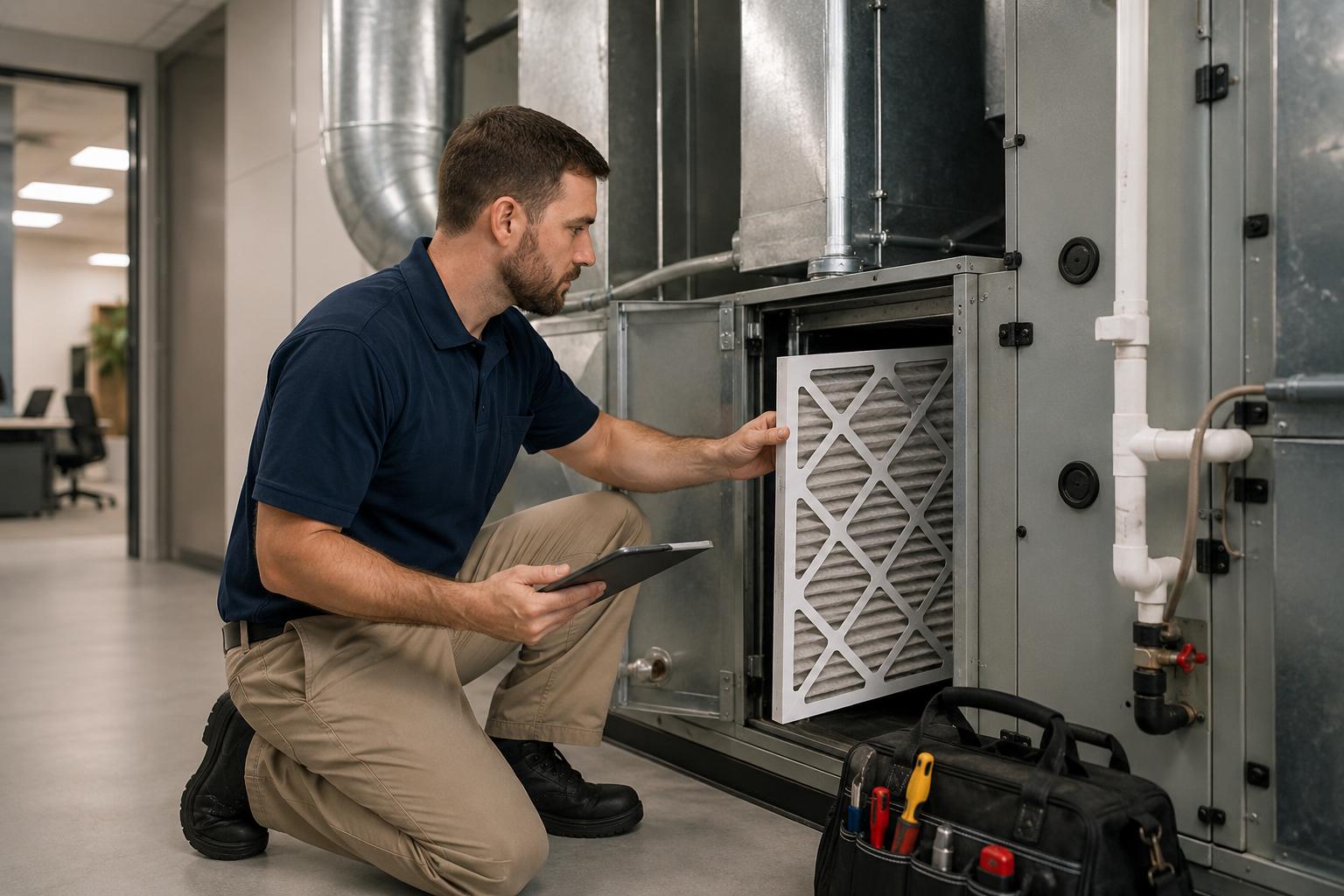 HVAC technician performing preventive maintenance to support consistent workplace comfort
