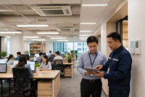 Facility manager and HVAC engineer reviewing indoor climate data in a comfortable modern workspace