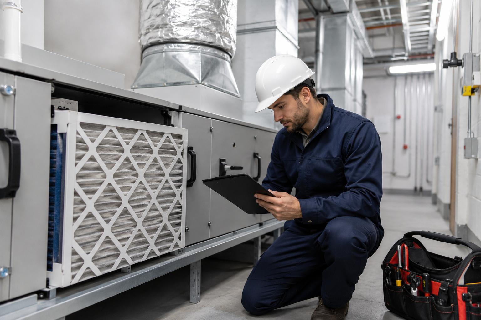 HVAC technician performing preventive maintenance on a commercial HVAC system