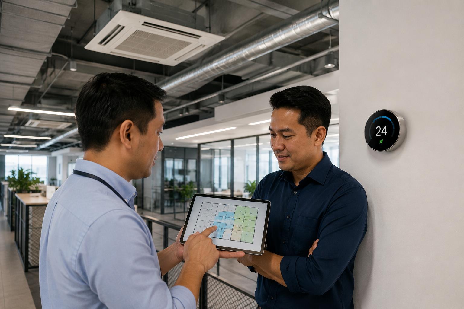 Facility manager and HVAC engineer reviewing smart HVAC controls and temperature zoning
