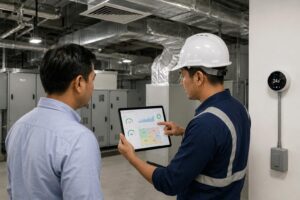Facility manager and HVAC engineer reviewing HVAC performance and energy efficiency data