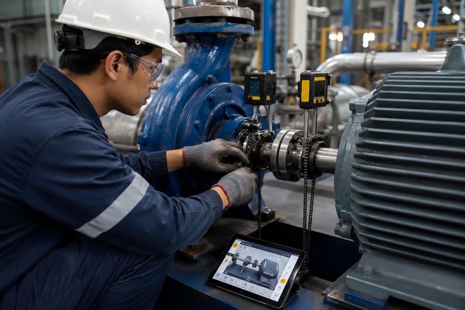 Technician inspecting motor alignment and machinery components to reduce vibration and equipment wear