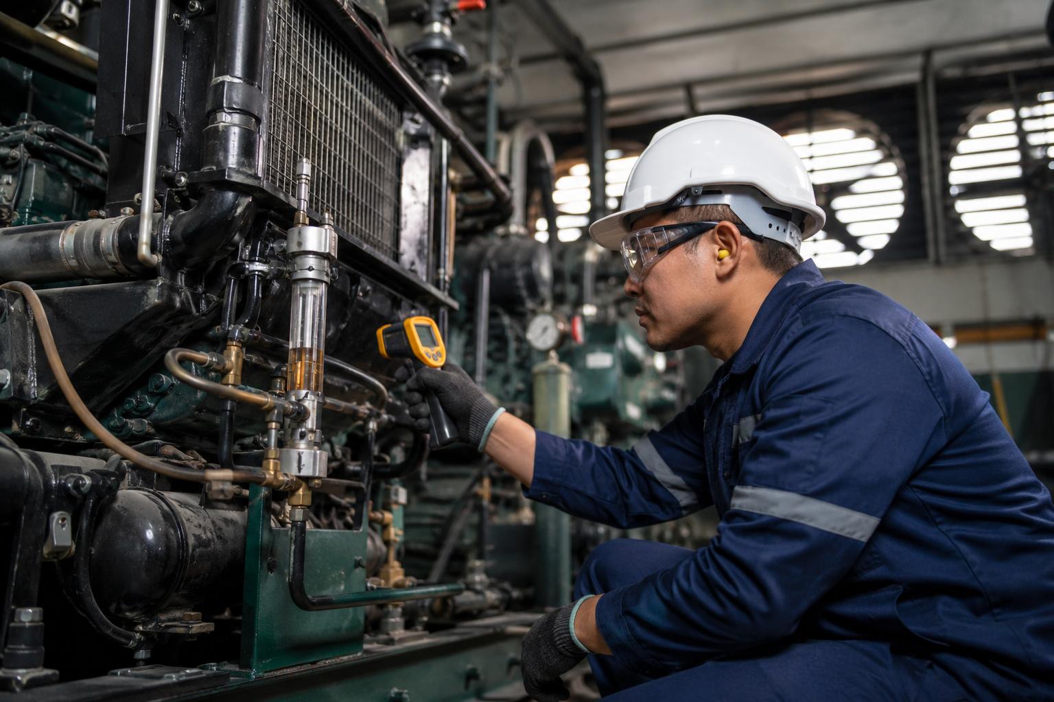 Technician using a thermal scanner to check industrial machinery for overheating and lubrication issues