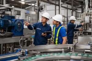 Industrial engineers inspecting machinery in a Philippine manufacturing facility to prevent equipment downtime