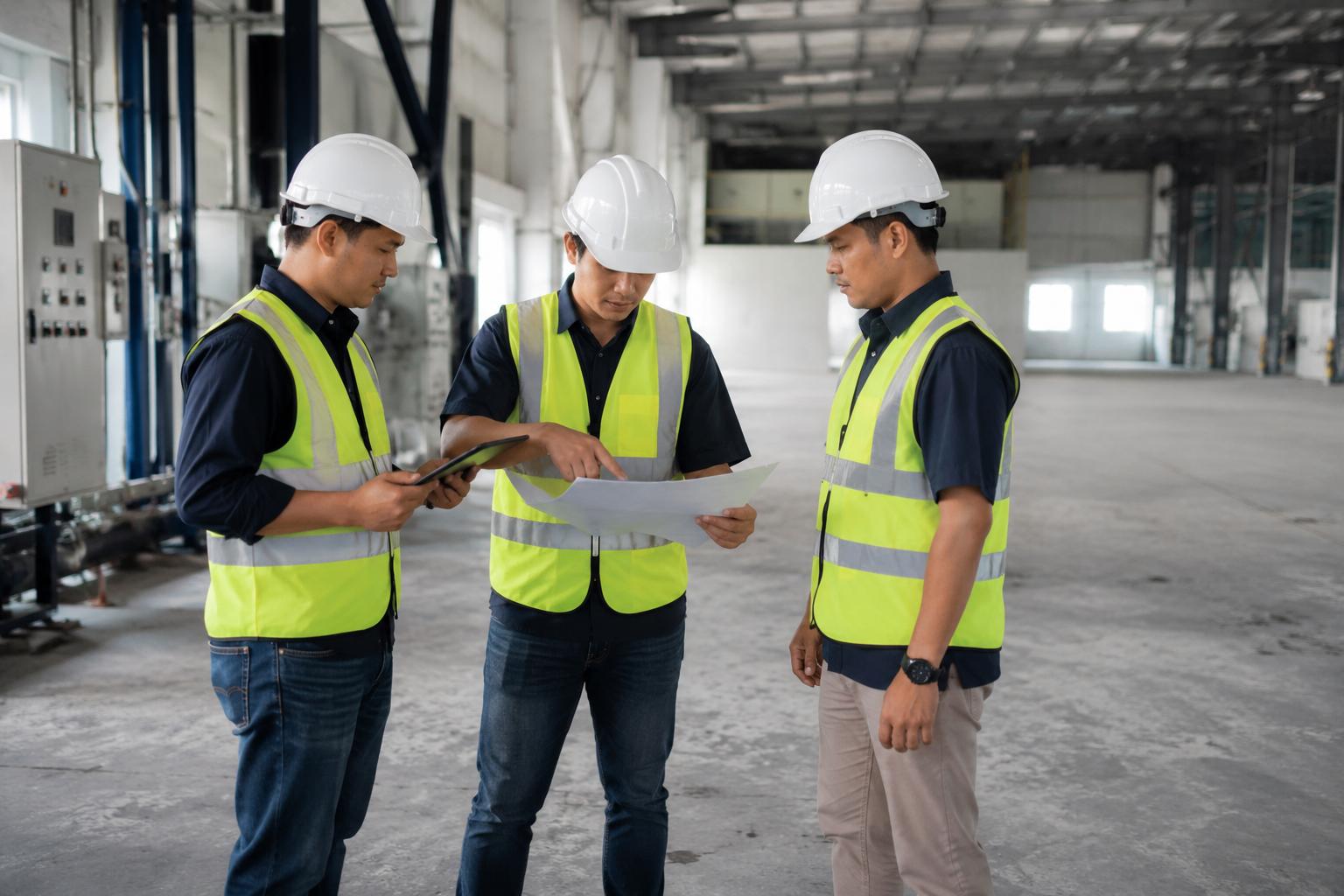 Engineers conducting a site readiness audit before industrial machinery installation